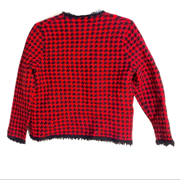 Nouveaux 100% wool open front red and black plaid sweater with frayed edges - Picture 2 of 5
